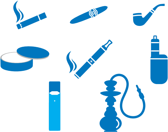 images of tobacco products: cigarette, cigar, pipe, snus, e-cigarette, vape pen, hookah.